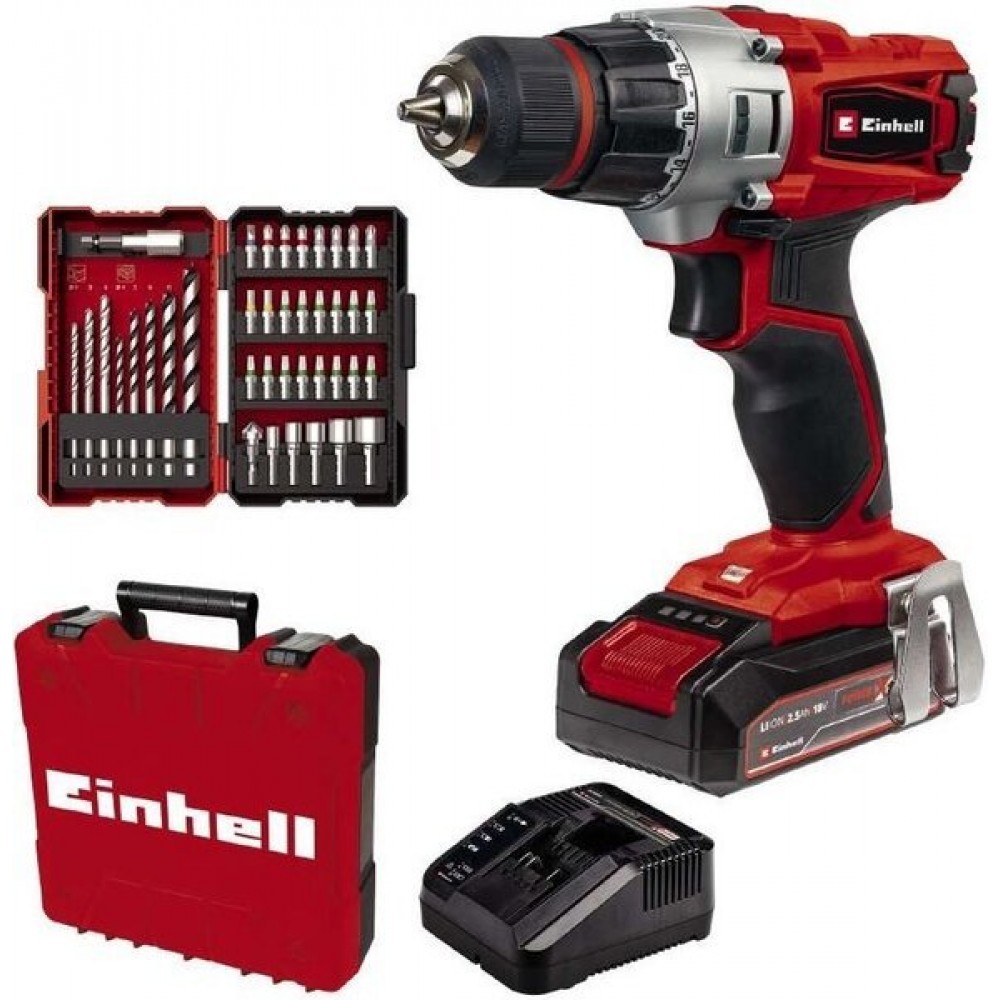 Шуруповерт-дриль Einhell TE-CD 18/2 Li, 18В, 2.5 Аг, 44 Нм, набір біт та свердел, кейс (4514219)