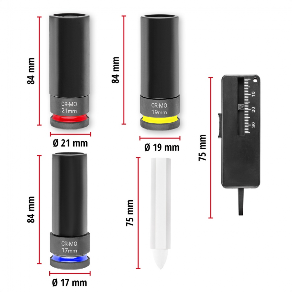 Набір ударних головок, 3 шт, вимірювач протектора і біла крейда для шин (109273)