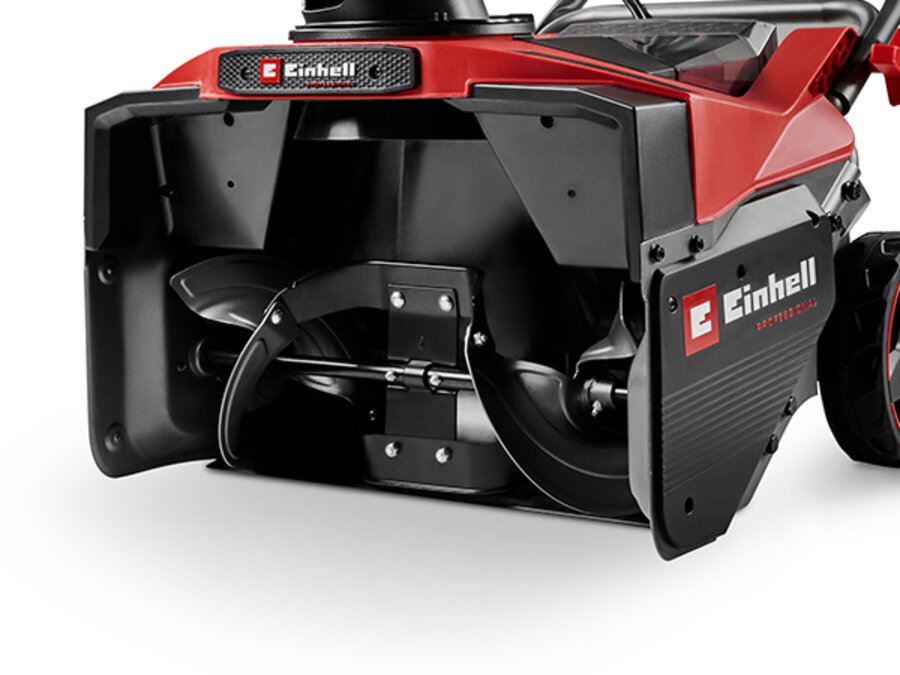 Акумуляторний снігоприбирач Einhell GP-ST 36/53 Li E BL-Solo з міцним металевим катком на білому фоні.