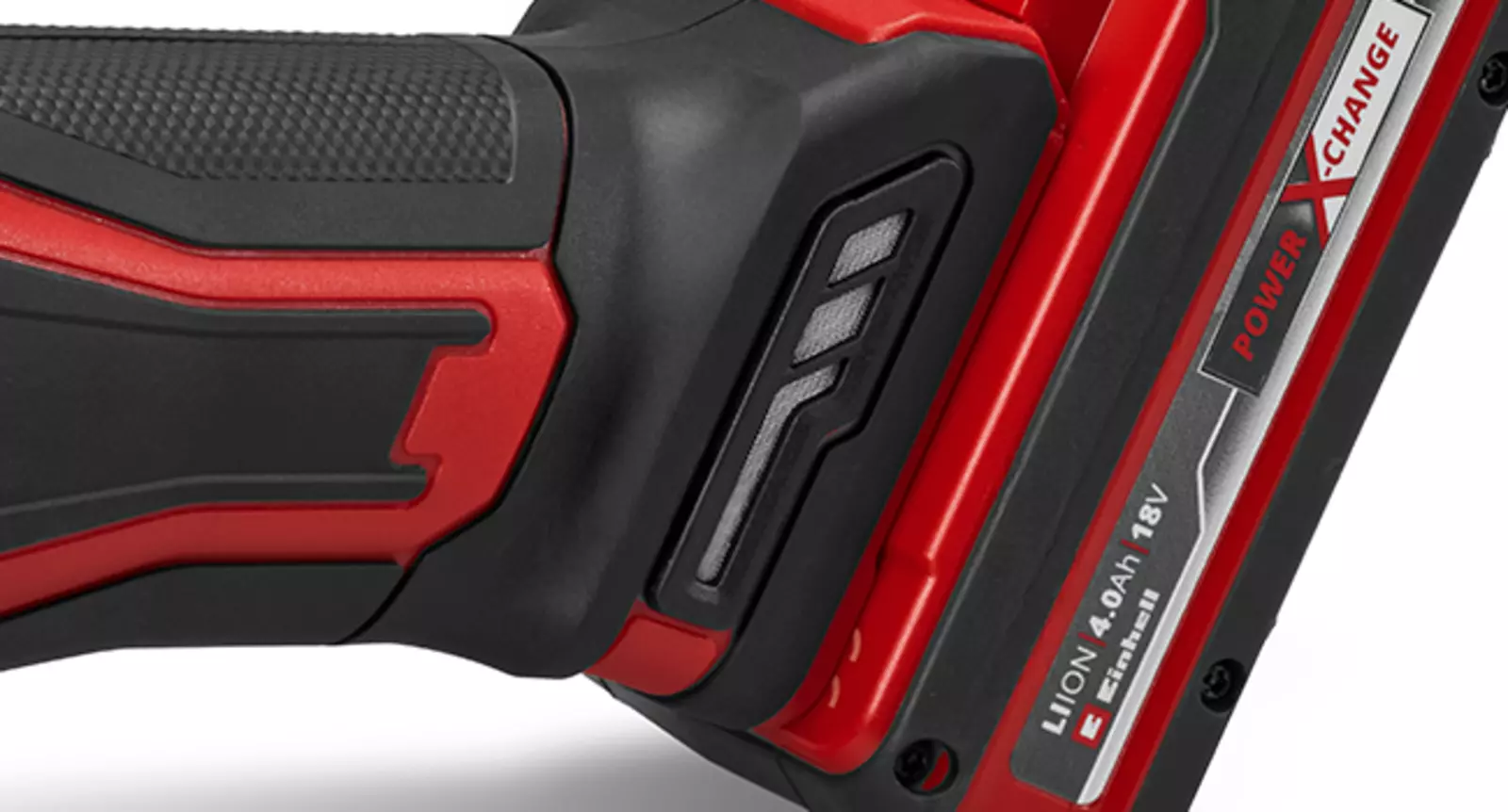 Ручка акумуляторної кутової шліфувальної машини Einhell TE-AG 18/125-2 Li (1x4.0 Ah) з видимою пилозахисною сіткою.