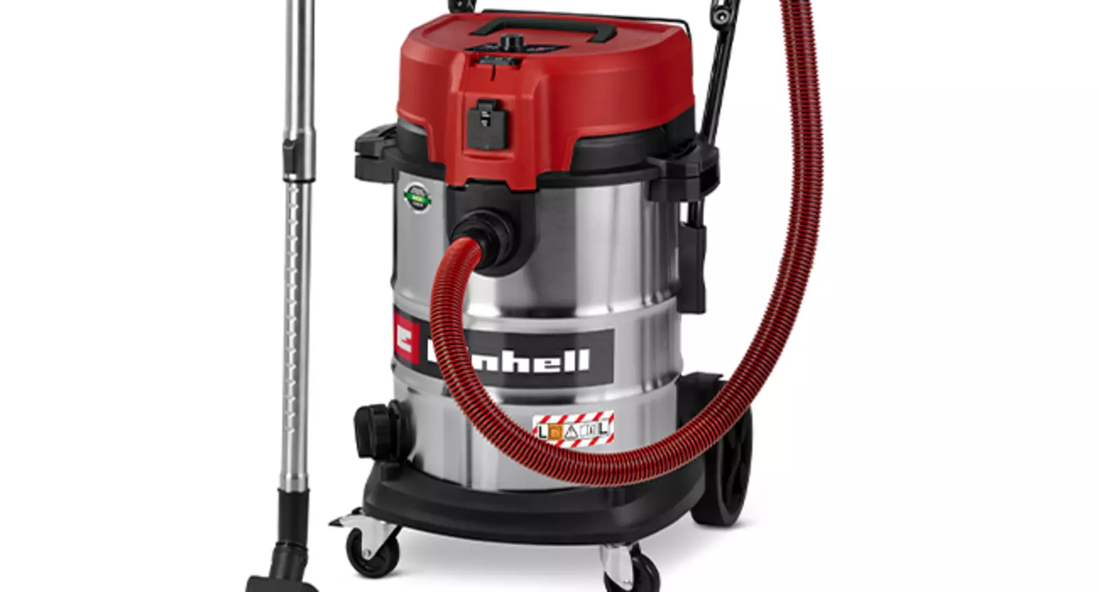 Пилосос для вологого/сухого прибирання Einhell TE-VC 5090 SACL з великим, стійким до іржі контейнером з нержавіючої сталі та приєднаним всмоктувальним шлангом.