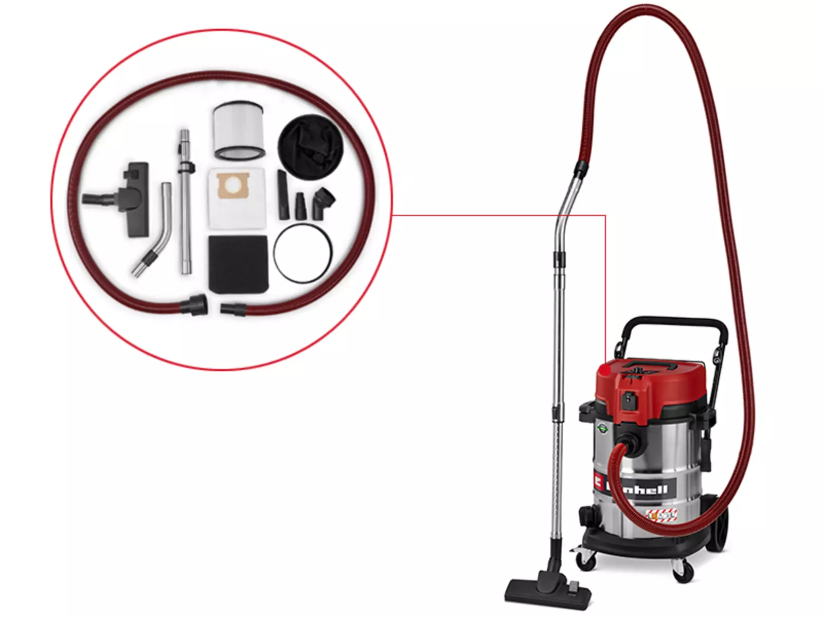 Огляд аксесуарів для пилососа для вологого/сухого прибирання Einhell TE-VC 5090 SACL з червоним всмоктувальним шлангом, трубкою з нержавіючої сталі, насадкою для підлоги, складчастим фільтром, поролоновим фільтром, паперовим фільтрувальним мішком та іншими насадками.