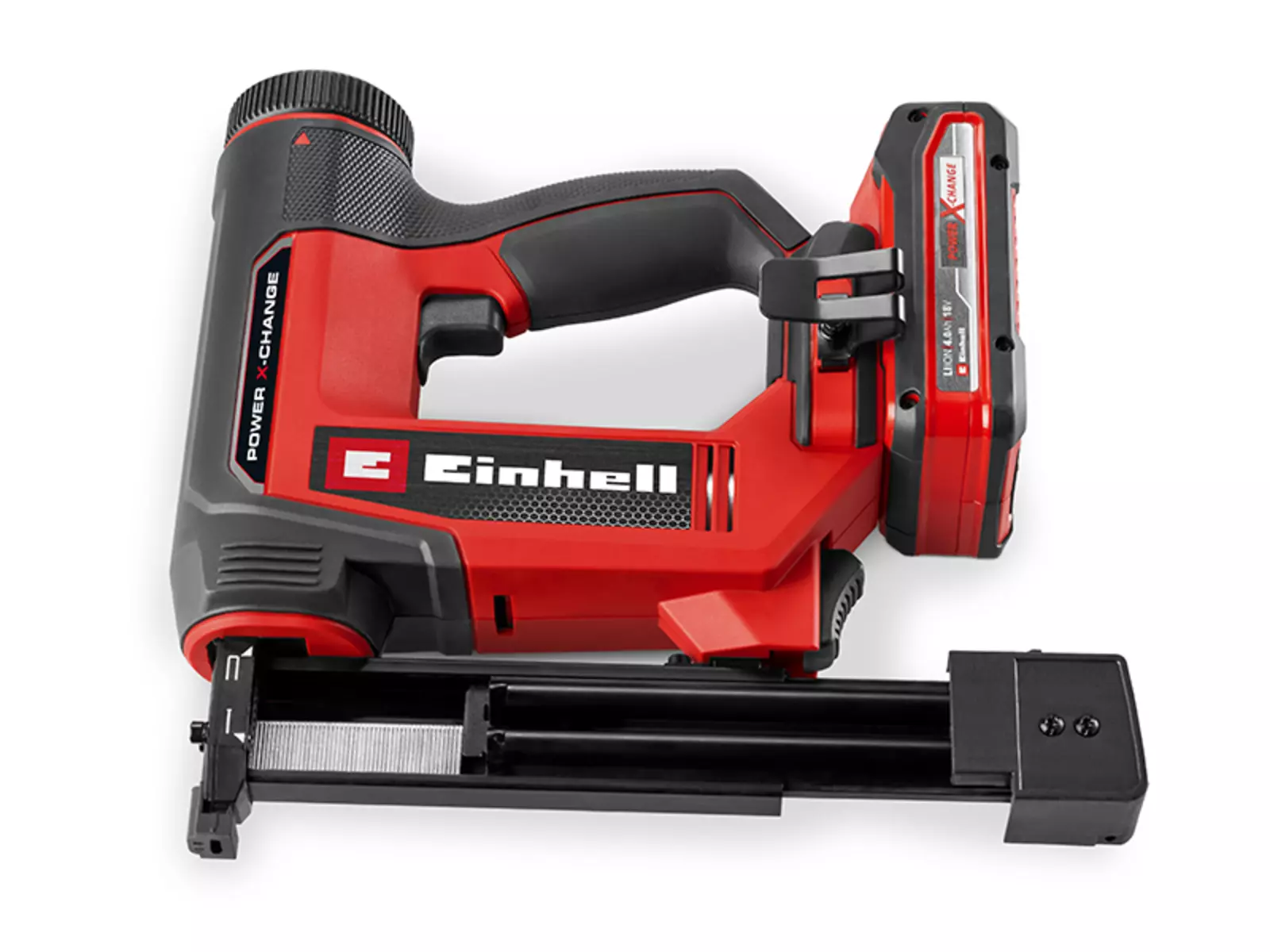 Акумуляторний цвяхозабивний пістолет Einhell TE-CN 18/32 Li – Solo з вставленим магазином та встановленим акумулятором Power X-Change, зображений на вигляд збоку.