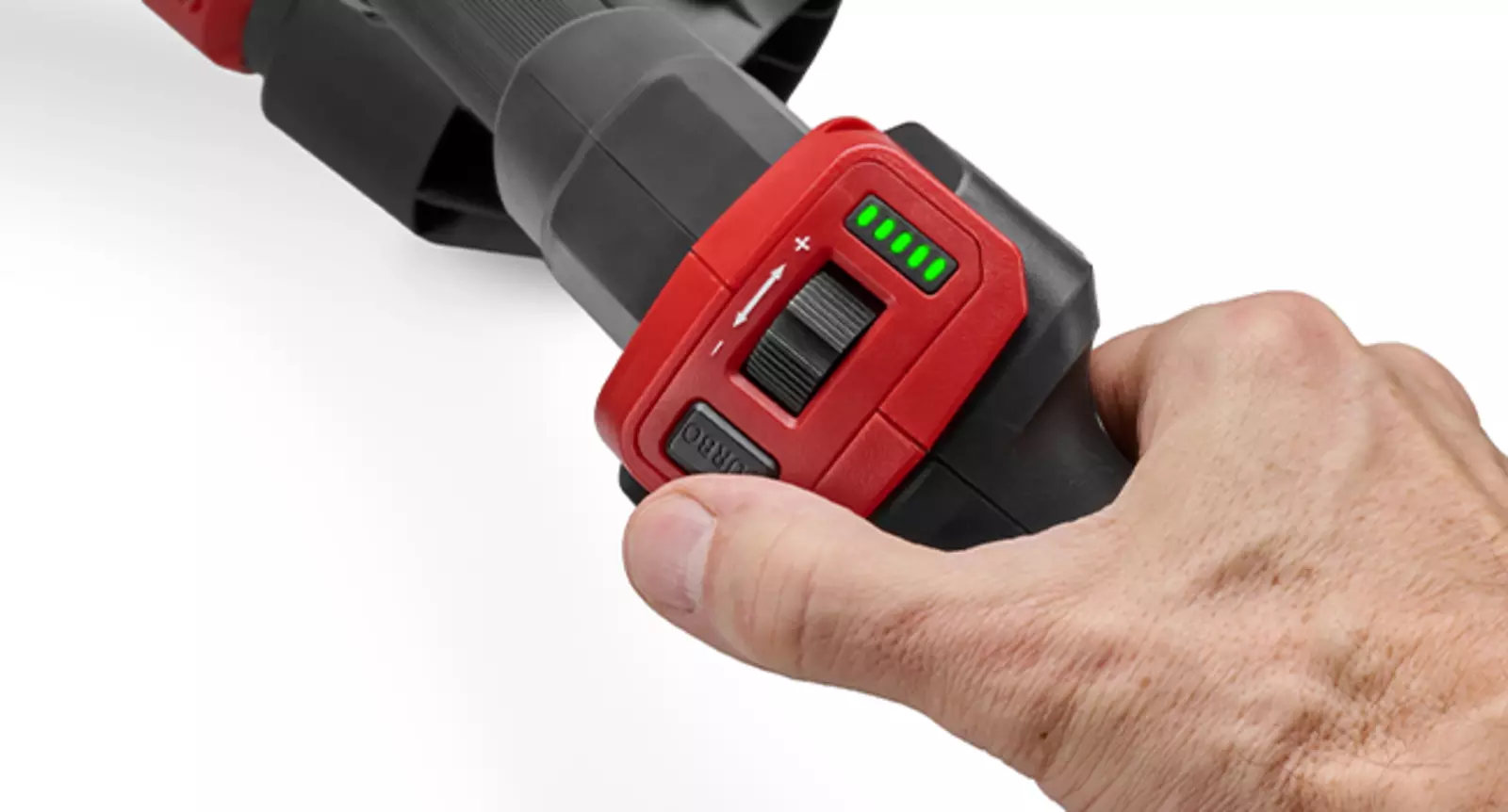 Крупний план акумуляторної повітродувки Einhell GP-LB 36/270 Li E BL-Solo з турбоперемикачем та колесом регулювання швидкості.