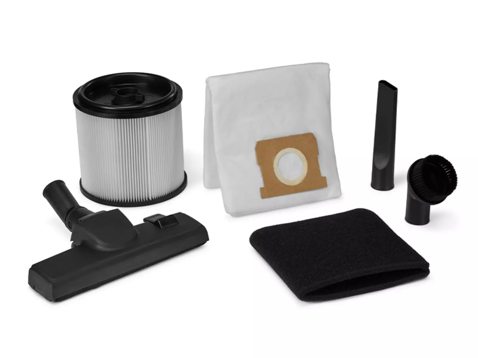 Набор принадлежностей для пылесоса для влажной и сухой уборки Einhell TE-VC 2580 SACL со складчатым фильтром, поролоновым фильтром, пылесборником, насадкой для пола, щелевой насадкой и круглой щеткой.