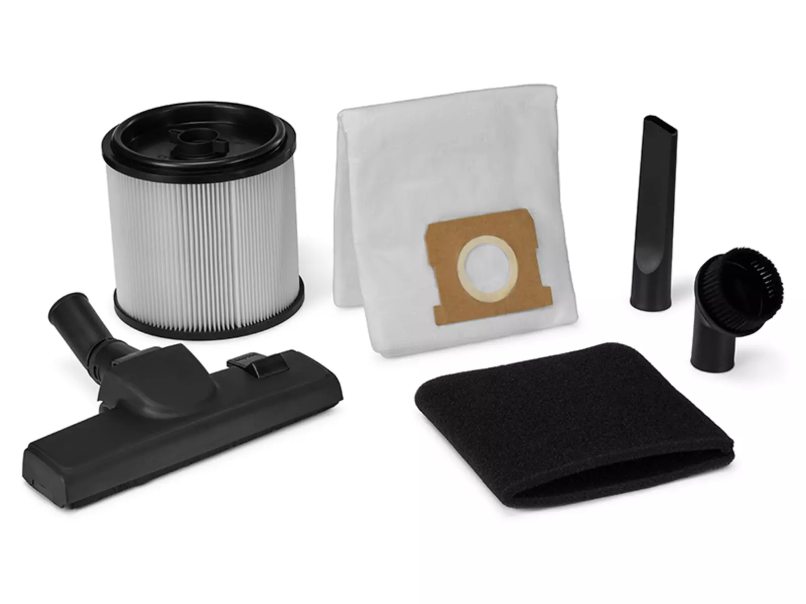 Набор принадлежностей для пылесоса для влажной и сухой уборки Einhell TE-VC 3080 SACL со складчатым фильтром, поролоновым фильтром, пылесборником, насадкой для пола, щелевой насадкой и круглой щеткой.