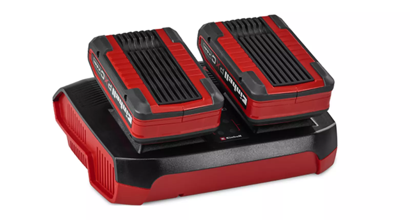 Einhell Power X-Twincharger 4A заряджає два акумулятори одночасно; продукт на білому тлі.