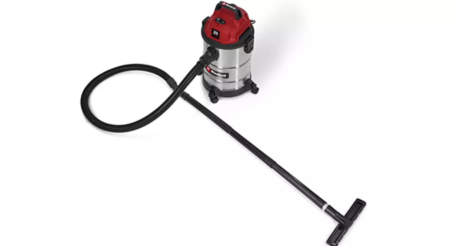 Общий вид пылесоса Einhell TC-VC 2045 S с подключенным шлангом, телескопической трубкой и насадкой для пола.
