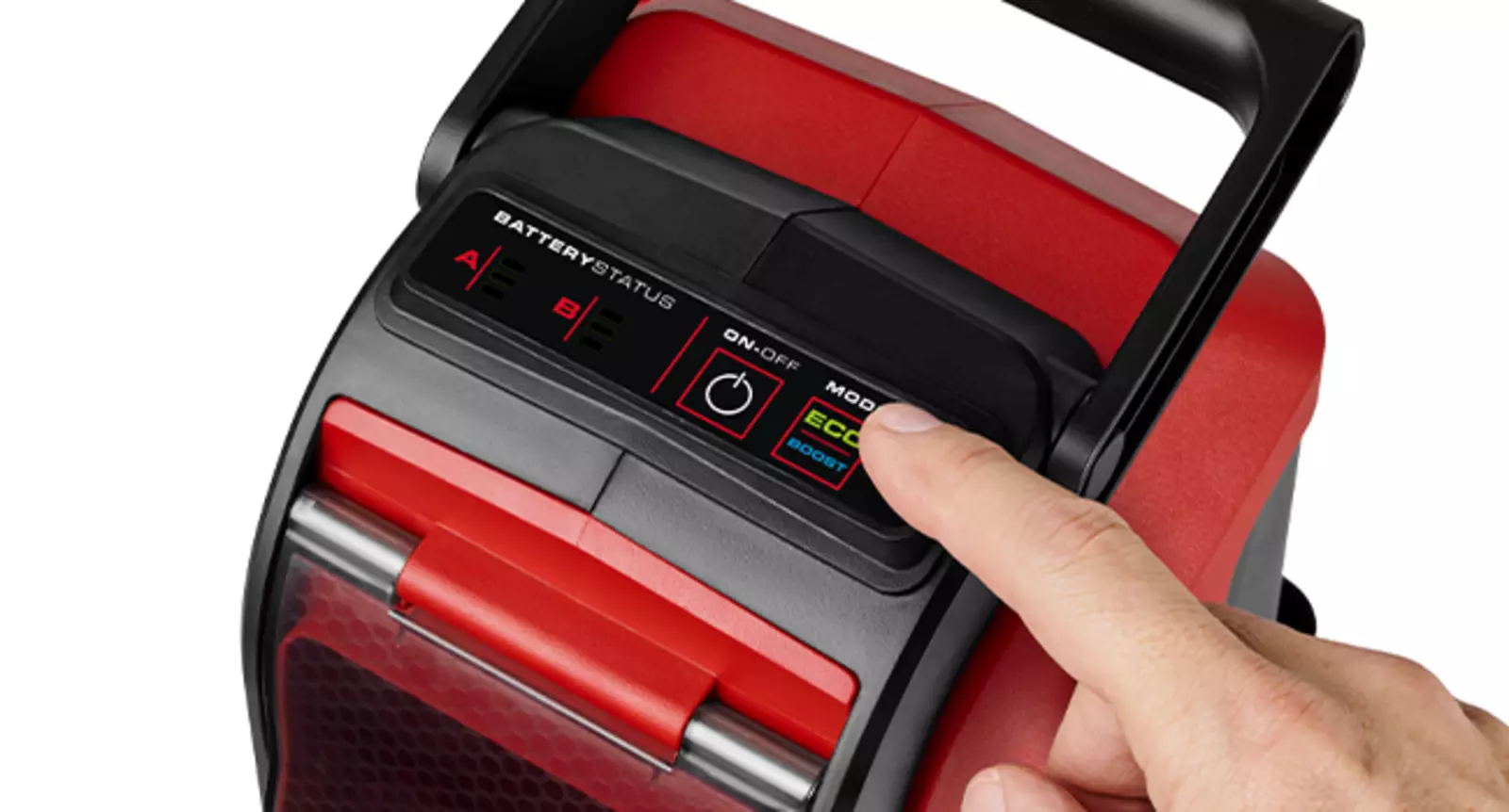 Пальцем натискається кнопка режиму ECO на верхній частині бездротової мийки високого тиску Einhell HYPRESSO 36/105.