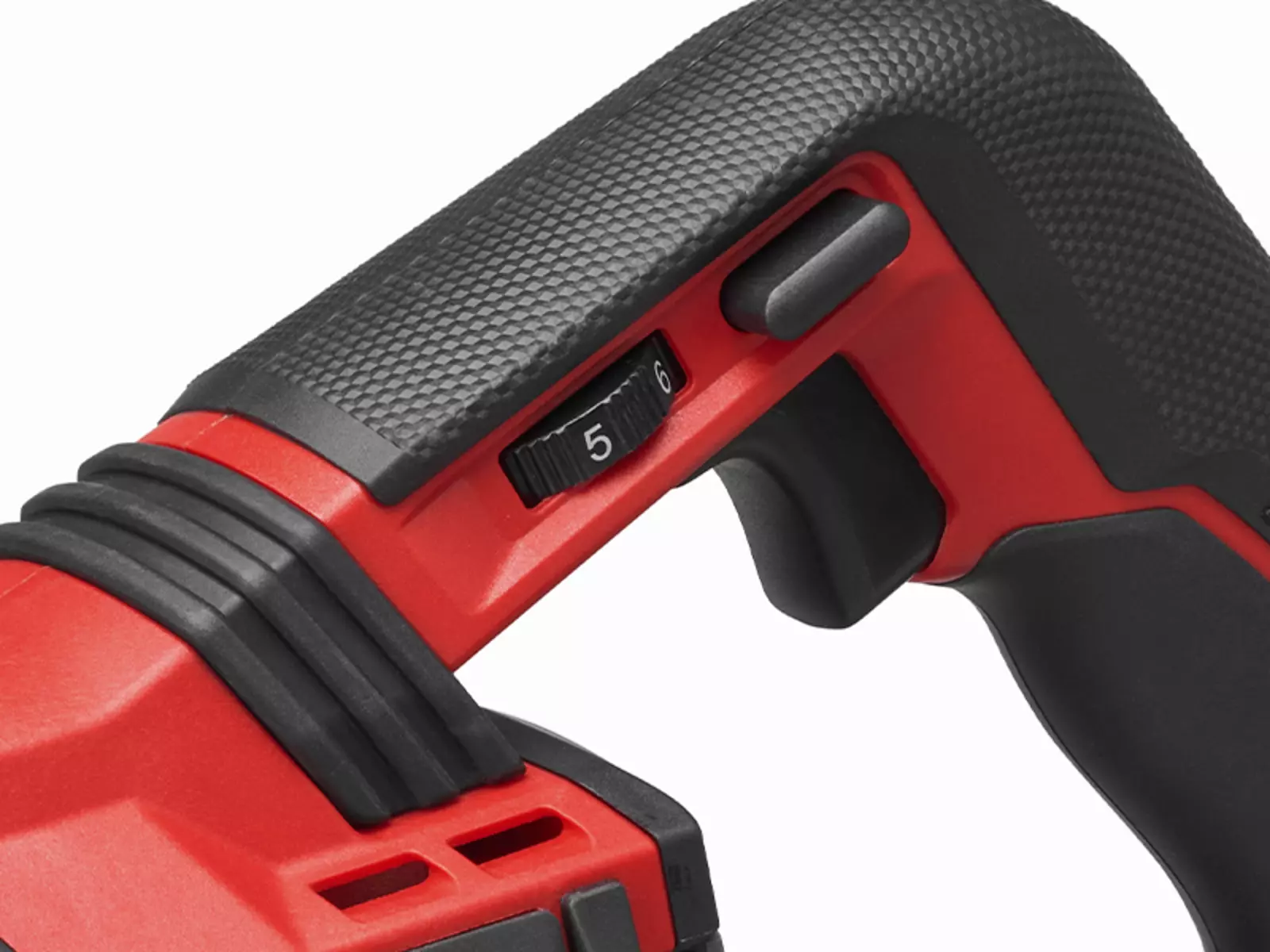 Крупний план ручки акумуляторної універсальної пилки Einhell TP-AP 18/32 Li BL - Solo з регулювальним колесом для контролю швидкості.