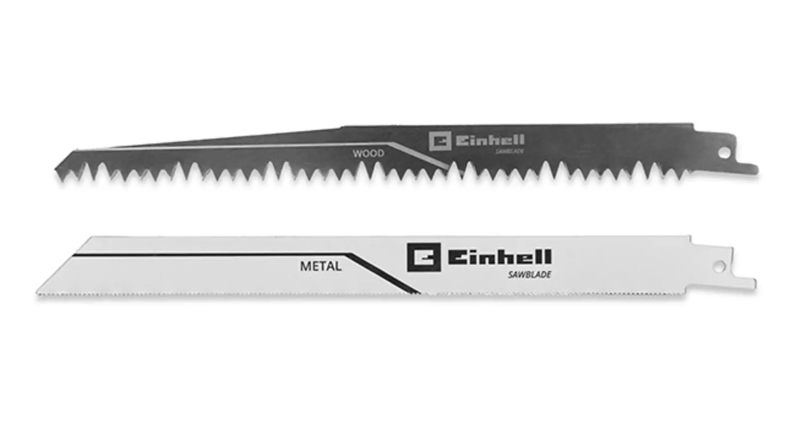 Два пиляльних полотна Einhell як аксесуари для універсальної акумуляторної пилки TP-AP 18/32 Li BL - Solo, одне з грубими зубцями, одне з дрібними зубцями.