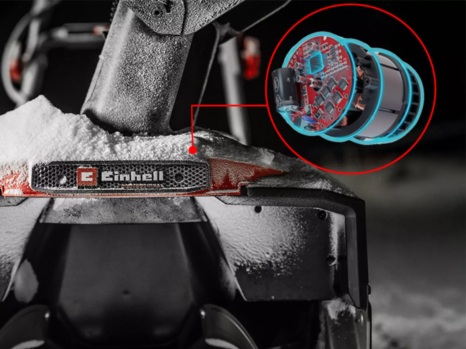 Крупний план акумуляторного снігоприбирача Einhell GP-ST 36/53 Li E BL-Solo на снігу з графічним зображенням безщіткового двигуна.