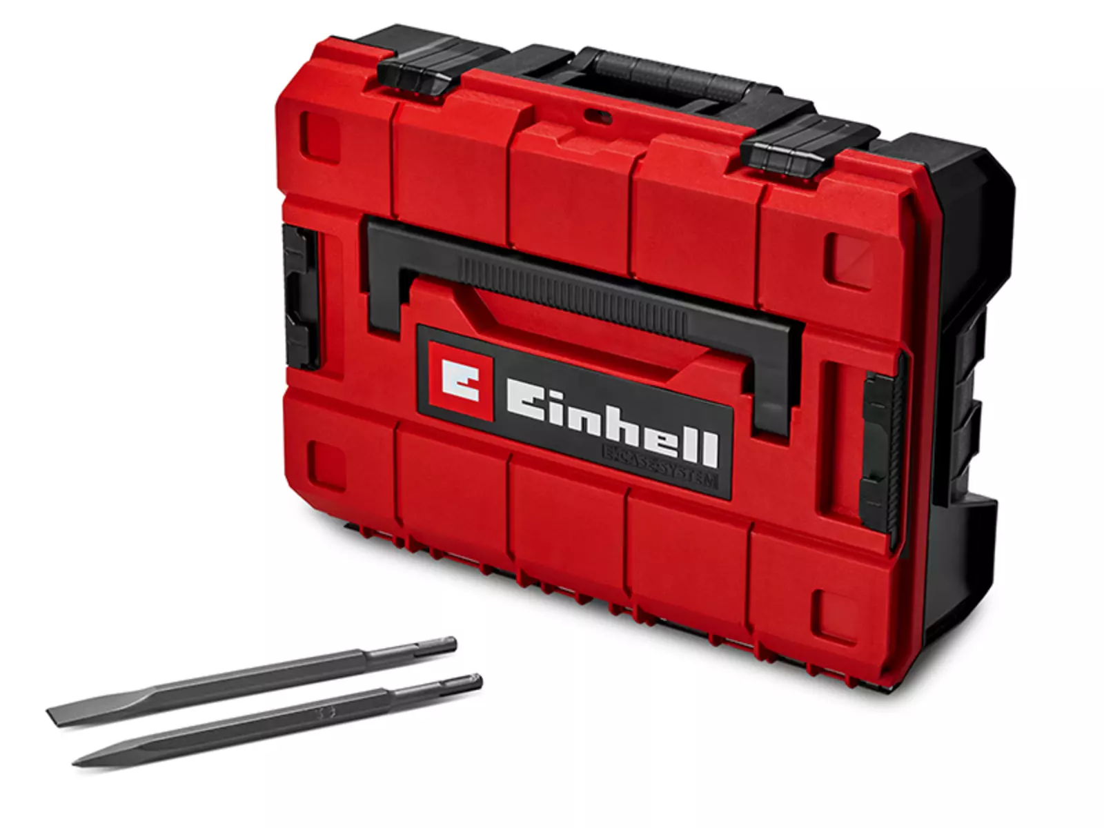 Червоний кейс Einhell E-Case S-F з чорною ручкою, поруч гостре та плоске зубило на білому тлі.