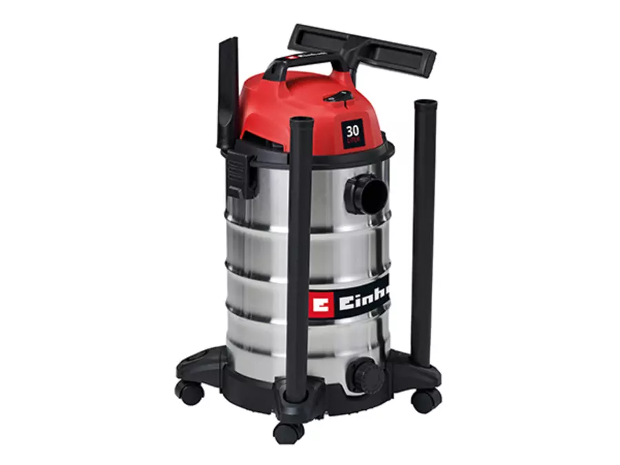 Пилосос для вологого/сухого прибирання Einhell TC-VC 3055 S з встановленим тримачем для аксесуарів для насадок і трубок на задній панелі пристрою.