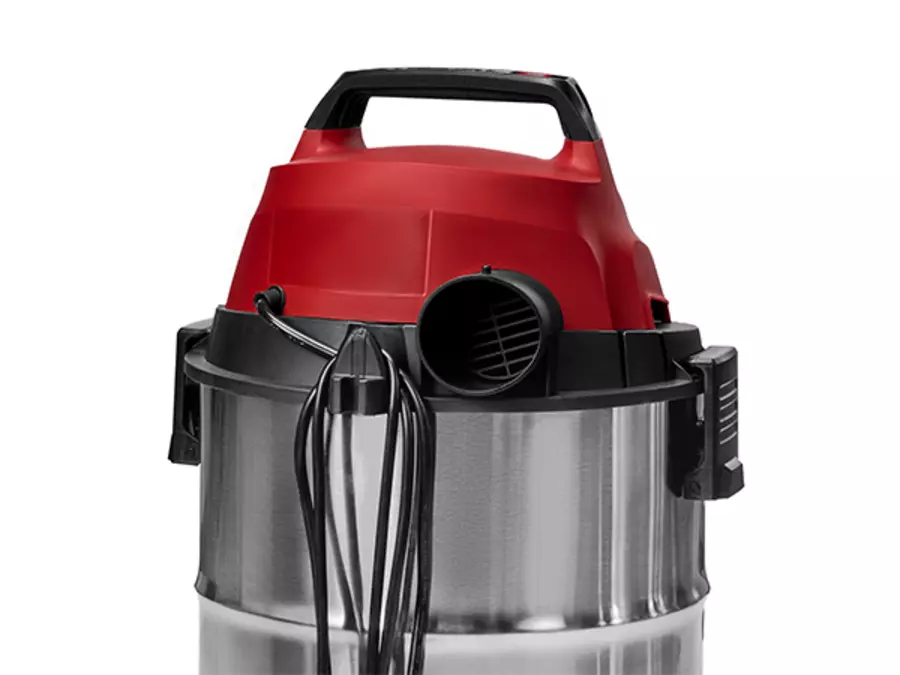 Вигляд ззаду пилососа для вологого/сухого прибирання Einhell TC-VC 3055 S з намотаним на тримач кабелю шнуром живлення.