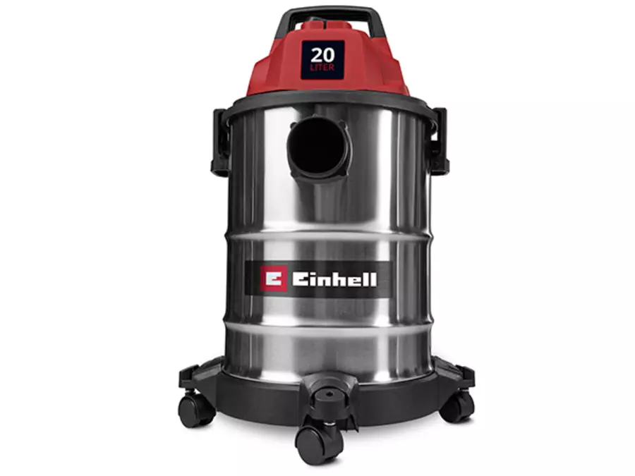 Вид спереди пылесоса Einhell TC-VC 2045 S с баком из нержавеющей стали и четырьмя роликами.