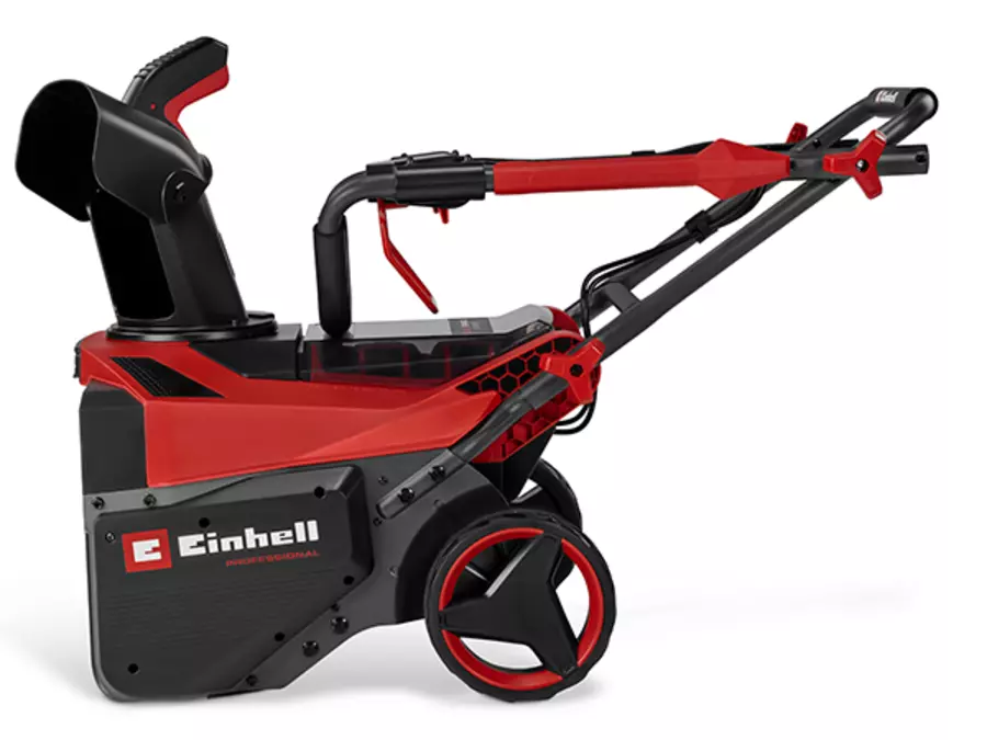 Акумуляторний снігоприбирач Einhell GP-ST 36/53 Li E BL-Solo зі складеною ручкою на білому фоні.