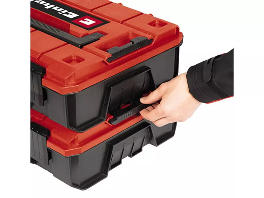 Крупний план системи фіксації на кейсі Einhell E-Case S-F при відкриванні.