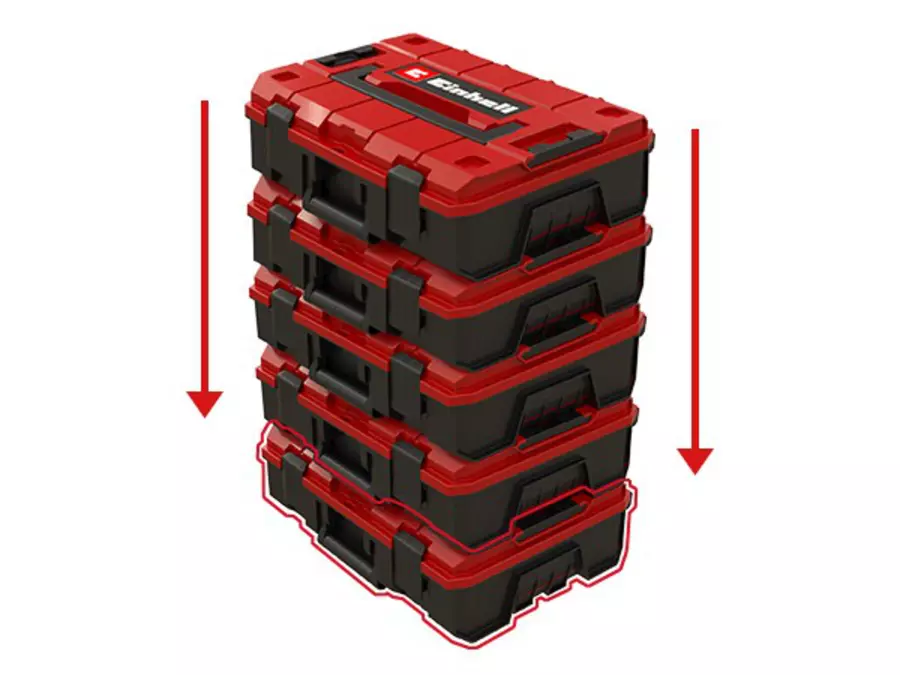 Чотири складені один на одного кейси Einhell E-Case S-F демонструють високу вантажопідйомність.